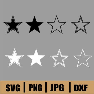 Könnte beinhalten: Acht Sternillustrationen in Schwarz und Weiß auf grauem Hintergrund. Die Sterne umfassen Voll- und Umrissdesigns. Der untere Teil des Bildes zeigt den Text "SVG | PNG | JPG | DXF".