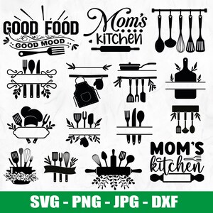 May include: Black and white kitchen-themed SVG, PNG, JPG, and DXF files. Designs include text that says "Good Food, Good Mood" and "Mom's Kitchen", along with images of cooking utensils, a chef's hat, and an apron.