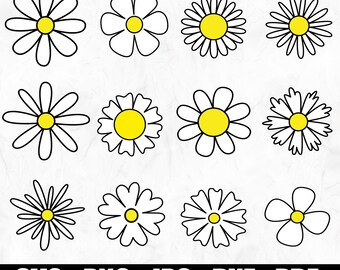 Daisy Flower SVG Bundle | 12 Groovy Outline Flowers | Png Jpg PDF DXF Clipart | Digital Download