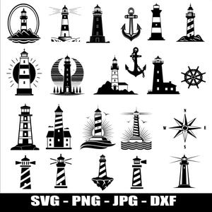 May include: A collection of black and white lighthouse illustrations, including various designs with stripes, solid colors, and different base structures. Also includes anchor, ship wheel, and compass rose designs. The image includes the text "SVG - PNG - JPG - DXF".