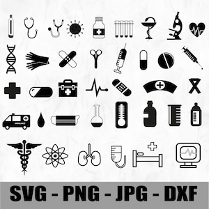 May include: Black and white medical icons including a stethoscope, syringe, DNA strand, ambulance, and more. The image also includes the text "SVG - PNG - JPG - DXF".