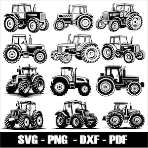 May include: A collection of nine black and white tractor illustrations. Each tractor design varies in style, showcasing different models. The image includes the text "SVG - PNG - DXF - PDF" at the bottom, indicating file formats.