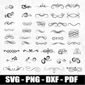 May include: A collection of black decorative flourishes and design elements in various shapes and sizes. The image includes swirls, curls, and symmetrical patterns. The bottom of the image displays the text "SVG - PNG - DXF - PDF".