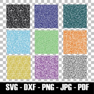May include: Nine colourful digital paper squares with a speckled pattern in black, blue, teal, light blue, green, orange, yellow, purple, and black and white. The bottom of the image has the text "SVG - DXF - PNG - JPG - PDF".