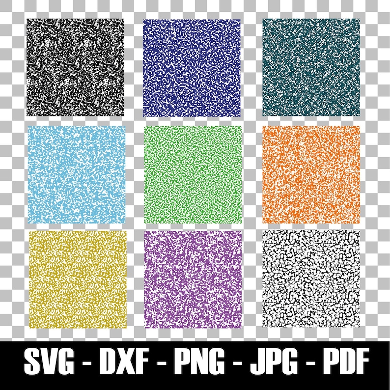 May include: Nine colourful digital paper squares with a speckled pattern in black, blue, teal, light blue, green, orange, yellow, purple, and black and white. The bottom of the image has the text "SVG - DXF - PNG - JPG - PDF".