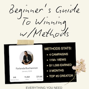 Op de afbeelding: Een crèmekleurige pagina met de titel "Beginner's Guide To Winning w/Methods" in zwart script. Het bevat een foto van Farlanda Buchannon en statistieken: 4 campagnes, 11M+ weergaven, $11.000 verdiend, 3 maanden en Top #5 maker.