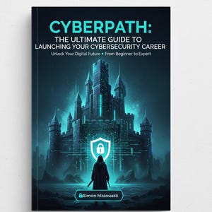 May include: A book cover with the title "CYBERPATH: THE ULTIMATE GUIDE TO LAUNCHING YOUR CYBERSECURITY CAREER." The cover features a digital illustration of a castle with a glowing shield and a hooded figure. The author's name is Simon Mzaouakk.