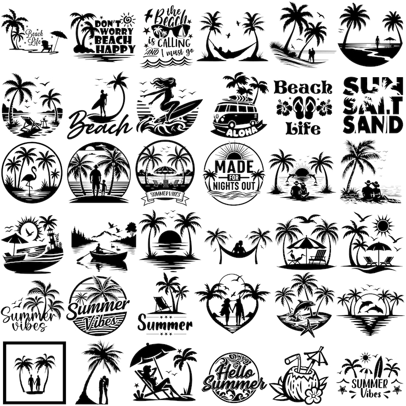 May include: A collection of black and white beach-themed designs. The images include palm trees, beach scenes, text like "Beach Life", "Summer Vibes", and "Hello Summer", and silhouettes of people enjoying the beach.