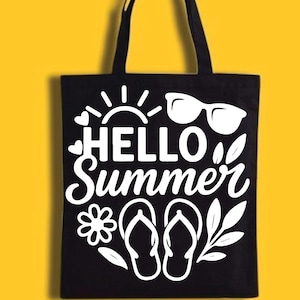 May include: Black tote bag with white graphic that says "HELLO Summer". The design includes a sun, sunglasses, flip-flops, and floral elements. The bag has two black handles and is set against a yellow background.