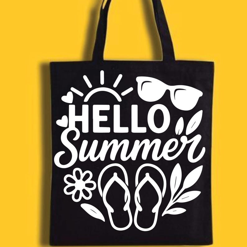 May include: Black tote bag with white graphic that says "HELLO Summer". The design includes a sun, sunglasses, flip-flops, and floral elements. The bag has two black handles and is set against a yellow background.
