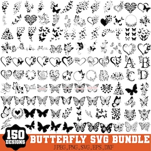 May include: A collection of 150 butterfly designs in black and white. The designs include butterflies, hearts, wreaths, and text elements. The image also includes the text "BUTTERFLY SVG BUNDLE" and file type information.