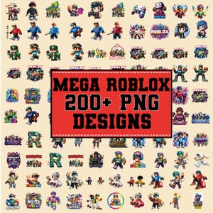 Könnte beinhalten: Eine Sammlung von Roblox-Designs im PNG-Format. Das Bild zeigt verschiedene Charaktere und Logos aus dem Spiel, mit einem großen roten Banner in der Mitte mit der Aufschrift "MEGA ROBLOX 200+ PNG DESIGNS". Die Designs sind farbenfroh und vielfältig.