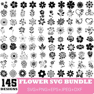 May include: A collection of 145 black flower designs in various styles, including roses, daisies, and abstract floral patterns. The image includes the text "145 DESIGNS FLOWER SVG BUNDLE" and file type options: SVG, PNG, EPS, JPEG, and DXF.