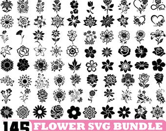 145 Flower SVG Bundle, Floral Designs for Shirts (png, jpg, dxf, eps, svg Files)