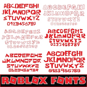 以下が含まれることがあります： さまざまなスタイルの赤いRobloxフォント。大文字、数字、黒いバナーの「ROBLOX FONTS」のテキストが含まれています。フォントは白い背景に表示されます。