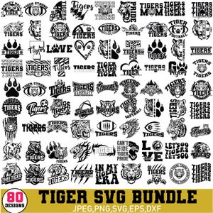 May include: A bundle of 80 black and white tiger-themed SVG designs. The designs feature tiger faces, paw prints, and text like "Tigers", "Pride", and "Football". Available in JPEG, PNG, SVG, EPS, and DXF formats.
