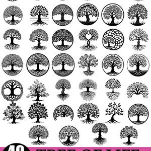 May include: A collection of 40 black and white Tree of Life designs. The designs vary in style, with some enclosed in circles. The text "TREE OF LIFE" and "40 DESIGNS" are also included in the image.