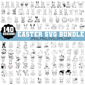 Könnte beinhalten: Eine Sammlung von 140 schwarz-weißen Osterhasen-Designs. Das Bild enthält verschiedene Hasenillustrationen mit Sonnenbrillen, Hüten und anderem Zubehör. Der Text lautet "EASTER SVG BUNDLE" und Dateitypen.