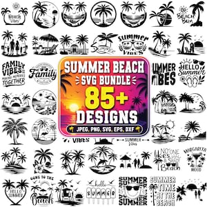 Op de afbeelding: Een verzameling van 85+ zomerstrand-thema SVG-ontwerpen in zwart en wit. De ontwerpen omvatten palmbomen, strandscènes en tekst zoals "Summer Vibes" en "Hello Summer". Formaten: JPEG, PNG, SVG, EPS en DXF.