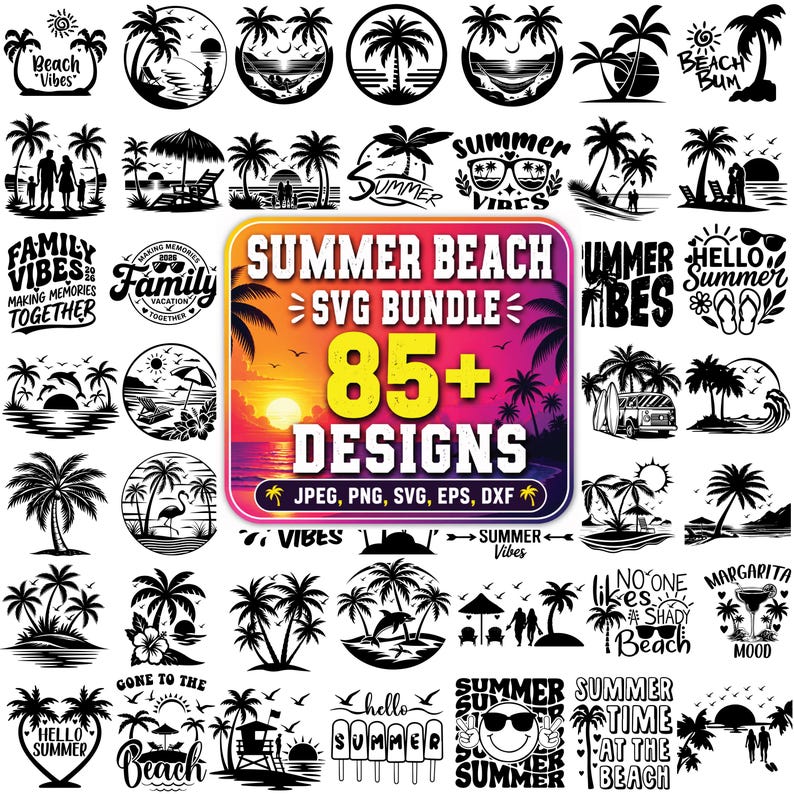 May include: A collection of 85+ summer beach-themed SVG designs in black and white. The designs include palm trees, beach scenes, and text such as "Summer Vibes" and "Hello Summer". Formats include JPEG, PNG, SVG, EPS, and DXF.
