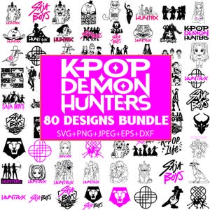 Pode incluir: Uma coleção de 80 designs com tema K-Pop em formatos SVG, PNG, JPEG, EPS e DXF. Os designs apresentam várias ilustrações, incluindo animais estilizados, texto e silhuetas de personagens, em preto e branco com detalhes em rosa.