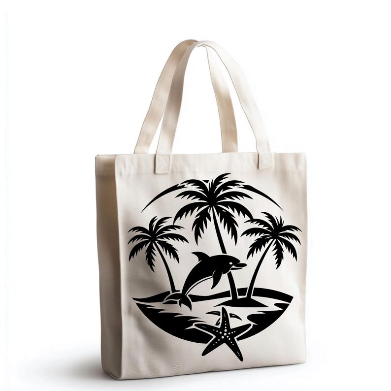 May include: Off-white canvas tote bag featuring a black graphic of a dolphin leaping near palm trees and a starfish. The tote bag has two handles and is suitable for carrying groceries, books, or other items. The design evokes a tropical beach theme.