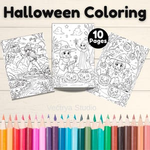 以下が含まれることがあります： ハロウィーンの塗り絵。魔女、カボチャ、不気味なシーンのイラストが描かれた3ページ。上部には「Halloween Coloring」の文字。本は10ページ。下部には色鉛筆が並んでいます。