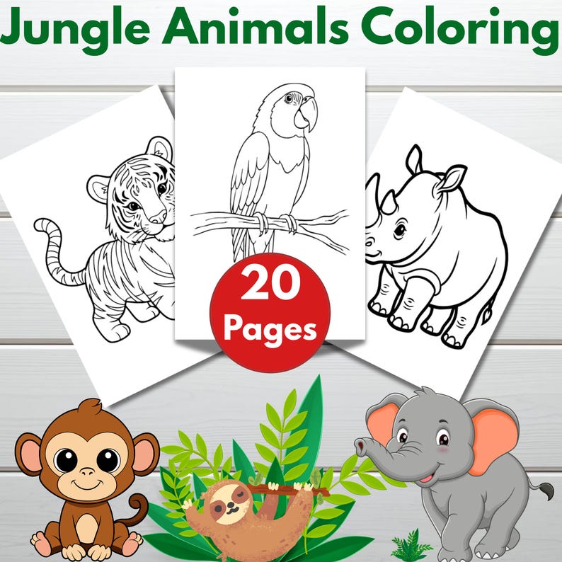 Jungle Animals Coloring Pages for Kids: 20 Printable Safari Animals PDF ...