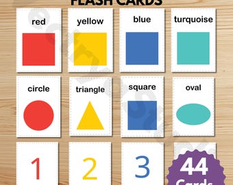 Tarjetas didácticas para aprender colores, formas y números: 44 tarjetas coordinadas en formato PDF imprimible.