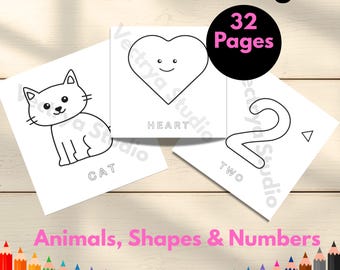 May include: A toddler coloring book with the text "Toddler Coloring" and "32 Pages". The book features line drawings of a cat, a heart, and the number two. The text "Animals, Shapes & Numbers" is also present.