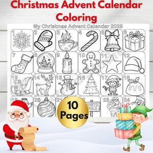 May include: A Christmas Advent Calendar coloring book with 24 numbered boxes, each containing a festive illustration. The title reads "Christmas Advent Calendar Coloring" and "My Christmas Advent Calendar 2025". Includes 10 pages.