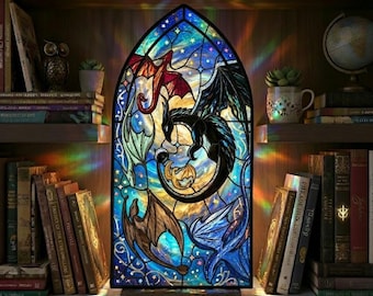 Angolo lettura fantasy con drago, inserto per libreria in stile vetrata, decorazione gotica con drago, angolo lettura con luce LED, diorama magico per libreria, idea regalo