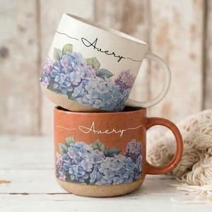 Custom Name Mug, Blue Hydrangea Pottery Mug, Hamptons Nantucket Grandmillenial Mug, Botanical Hydrangea Flower Mug, Mother's Day Gift