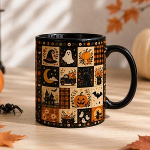 Personalized Halloween Patchwork Ceramic Mug, Custom Spooky Cottagecore Coffee Cup, Fall Plaid Ghost Drinkware, Autumn Season Gift