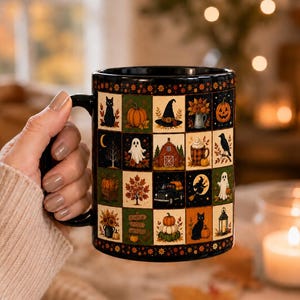 Custom Fall Patchwork Ceramic Mug, Personalized Spooky Halloween Coffee Cup, Pumpkin Patch Farmhouse Drinkware