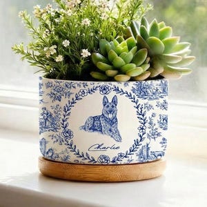 Custom Dog Planter, Custom Pet Portrait Planter, Ceramic Plant Pot, Ceramic Home Decor, Toile De Jouy Plant Pot, Dogs Toile De Jouy Decor