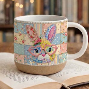 Pode incluir: Uma caneca de café de cerâmica com um design de patchwork e um coelho usando óculos em forma de coração. A caneca tem uma alça branca e uma base marrom. A caneca está em um livro aberto.