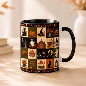 Anpassad höstlapptäcke keramikmugg, personlig läskig Halloween-kaffekopp, pumpafält bondgårdsdryck