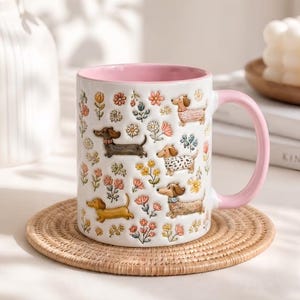 Keramikbecher mit Dackelmotiv, 3D-Keramikbecher mit Dackel-Motiv, niedliches Geschenk mit Blumenmuster, Kaffeegeschenk für Dackel-Fans, ästhetisches Trinkgeschirr für Hundeliebhaber