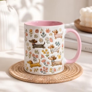Floral Dachshund Ceramic Mug, Flat Printed 2D Dog Design, Wiener Dog Coffee Cup, Dog Lover Gift