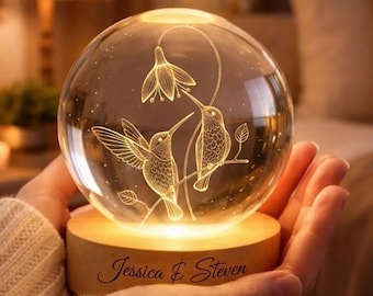 Lámpara de bola de cristal 3D con colibrí personalizado, regalo a medida para parejas, luz nocturna con base de madera grabada, decoración romántica inspirada en la naturaleza y regalo único.