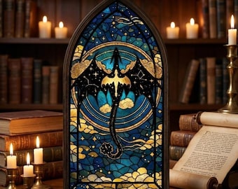 Cuarto rincón de lectura, inserto de estante de vidrieras de dragón, decoración de estantería romántica, regalo literario Tairn, decoración de habitación estilo academia oscura