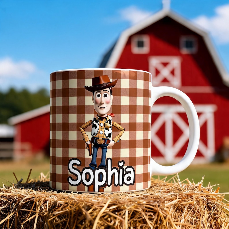 May include: A white ceramic mug featuring a brown and white checkered pattern, a graphic of a cowboy character wearing a hat, vest, and blue pants, and the name Sophia printed in large white letters with a small heart above the letter i.