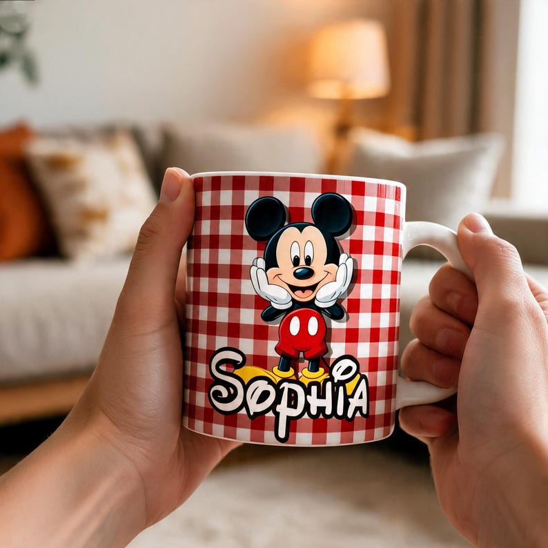 K&ouml;nnte beinhalten: Ein wei&szlig;er Keramikbecher mit einem rot-wei&szlig;en Vichy-Karo-Muster. Der Becher zeigt eine Grafik von Mickey Mouse mit den H&auml;nden an den Wangen, platziert &uuml;ber dem Namen Sophia, der in einer fetten, schwarzen, geschwungenen Schrift steht.