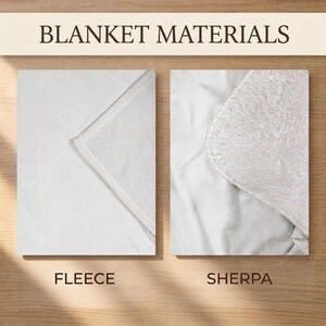 Puede incluir: Imagen que muestra dos materiales de manta blancos: forro polar y sherpa. El material de forro polar es liso y doblado, mientras que el material de sherpa es esponjoso y texturizado. El texto "BLANKET MATERIALS" est&aacute; en la parte superior, con "FLEECE" y "SHERPA" debajo.