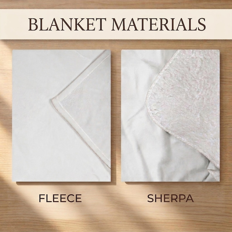 Puede incluir: Imagen que muestra dos materiales de manta blancos: forro polar y sherpa. El material de forro polar es liso y doblado, mientras que el material de sherpa es esponjoso y texturizado. El texto "BLANKET MATERIALS" est&aacute; en la parte superior, con "FLEECE" y "SHERPA" debajo.