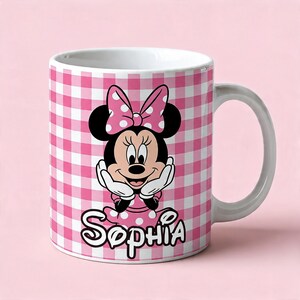 Personalized Minnie Mouse Gingham Mug, Custom Name Pink Bow Mouse Gingham Mug, Custom Disney Vacay Coffee Cup, WDW Trip Gift imagen 4