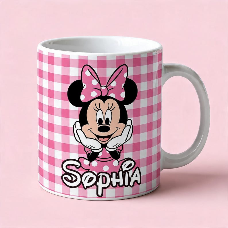 Personalized Minnie Mouse Gingham Mug, Custom Name Pink Bow Mouse Gingham Mug, Custom Disney Vacay Coffee Cup, WDW Trip Gift imagen 4