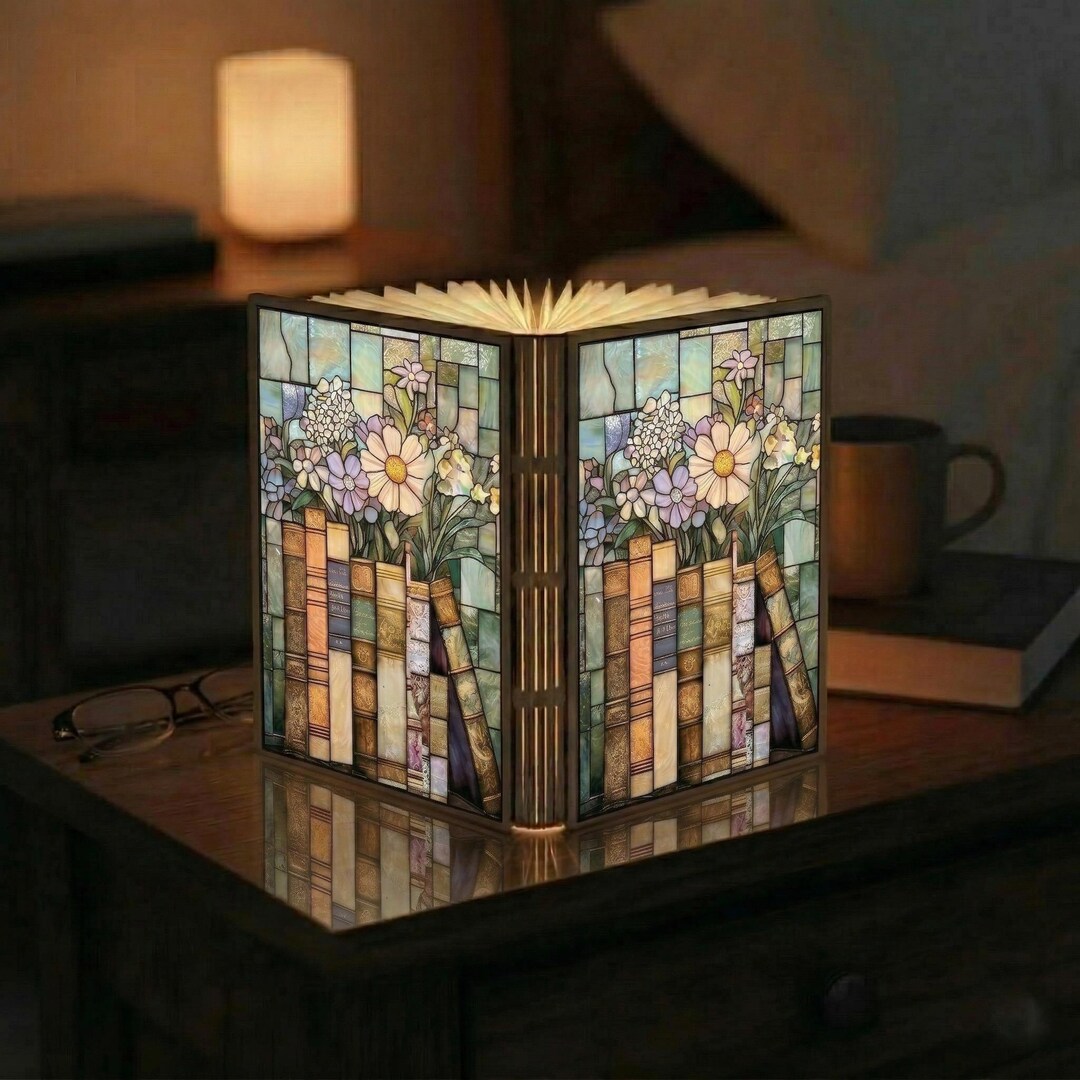 Stained Glass Bookshelf Book Lamp, Cozy Reading Lamp, Foldable LED Book ...