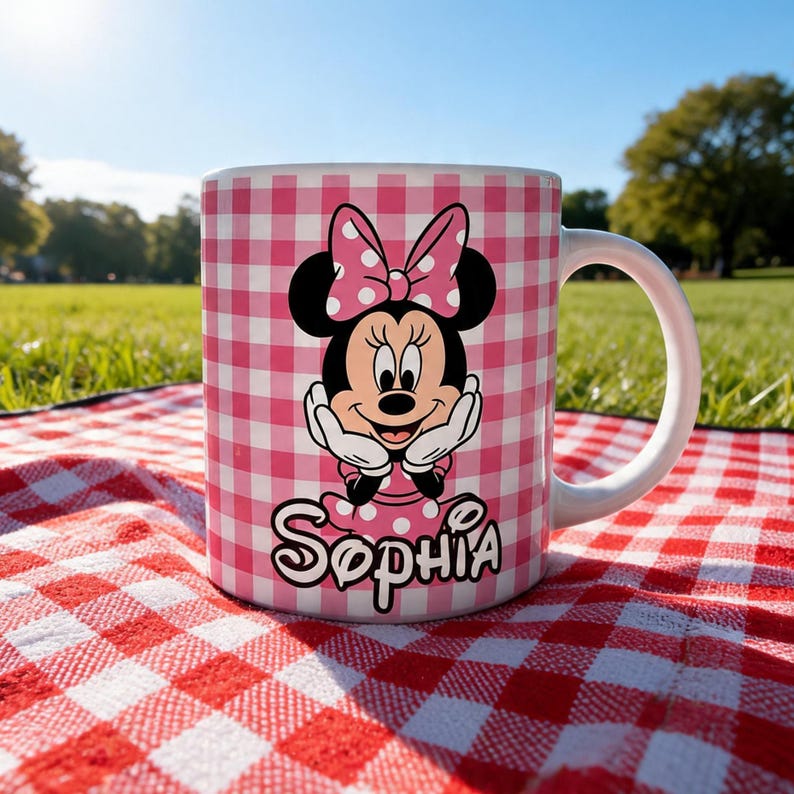 Puede incluir: Una taza de cer&aacute;mica blanca con un patr&oacute;n de cuadros vichy en rosa y blanco. El frente muestra un gr&aacute;fico de Minnie Mouse con un lazo de lunares, con el nombre Sophia impreso en una fuente negra estilizada debajo de la ilustraci&oacute;n.
